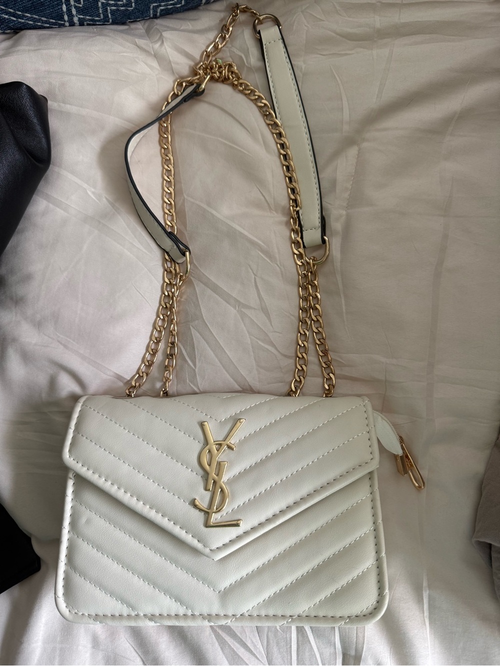 Yves Saint Laurent White Quilted Chain Crossbody Bag with Gold Hardware